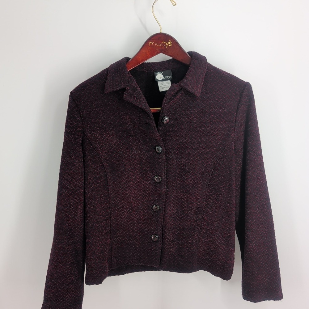 First Option Plaid Textured Knit Outdoor Wear Button-Up Jacket Burgundy Size M
